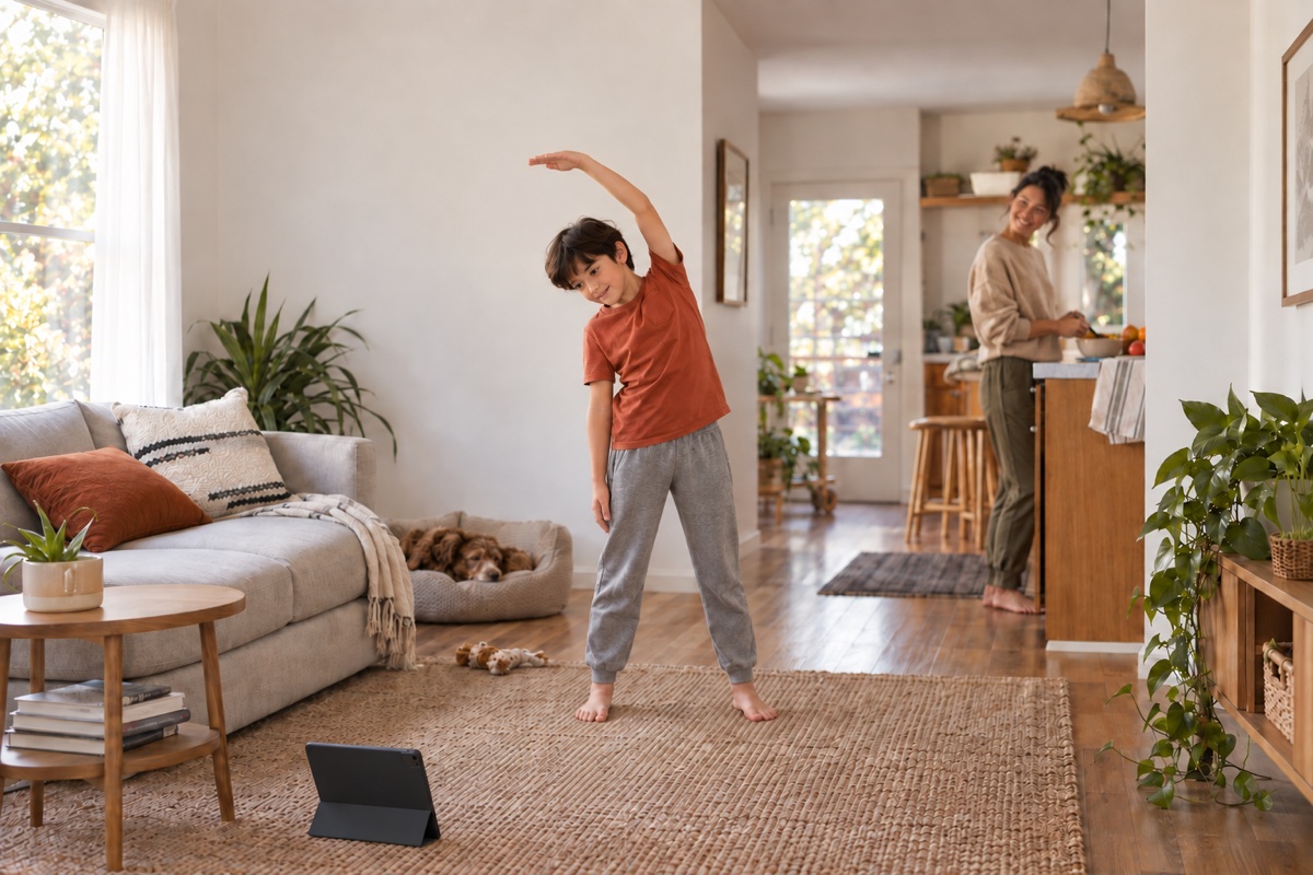 A child takes a movement break beside a tablet while a parent is nearby.