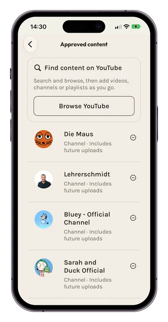 Parent overview, approved-content and child quiet-break app screens.