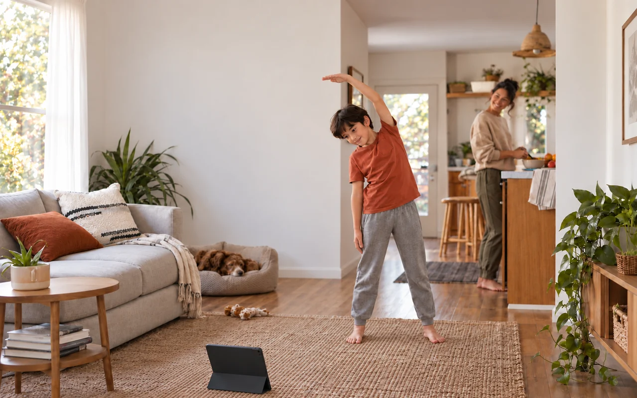 A child takes a movement break at home while a parent is nearby.
