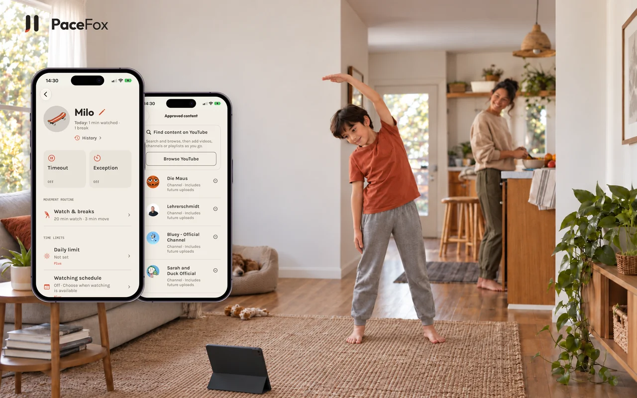 PaceFox lifestyle illustration with a child looking toward a tablet and two phones showing the parent overview and approved content.