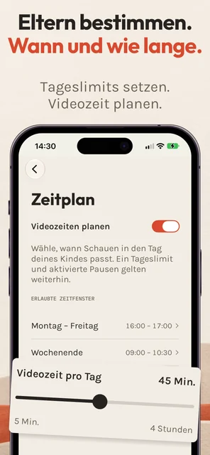 Drei PaceFox-App-Store-Motive zu Videozeit, Limits und Kinderprofilen.