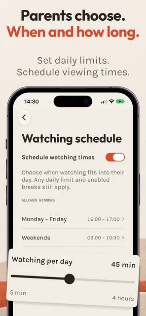 Three PaceFox App Store panels showing video time, limits and family profiles.