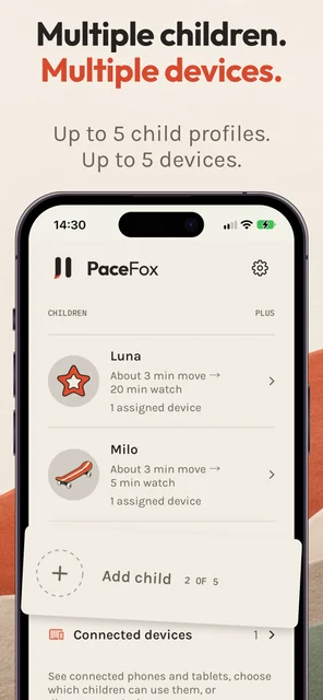 Three PaceFox App Store panels showing video time, limits and family profiles.