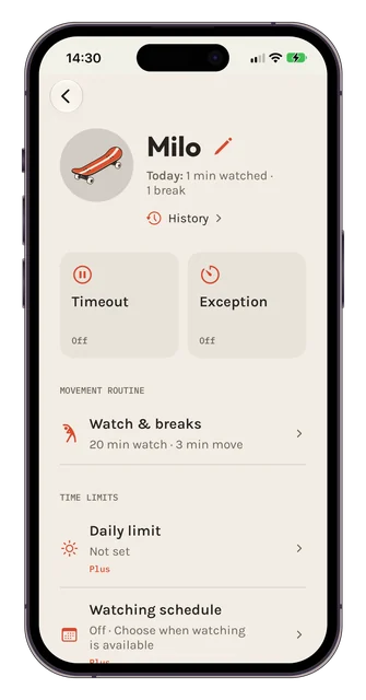 Parent overview, approved-content and child quiet-break app screens.