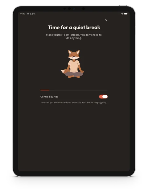 Parent overview, approved-content and child quiet-break app screens.